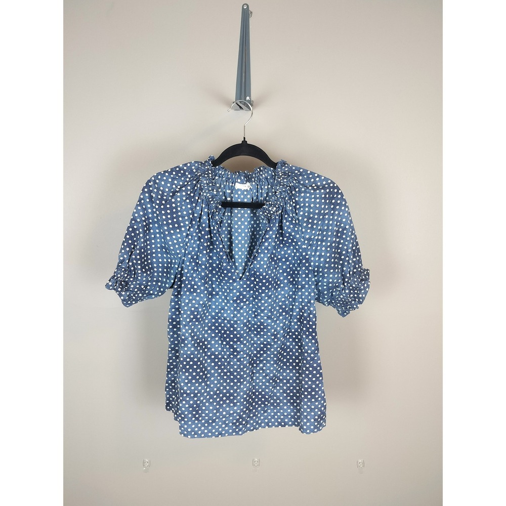 Y2K Gap Cotton Polka Dot Puff Sleeve Blouse Blue Ruffle‎ Split Neck Top